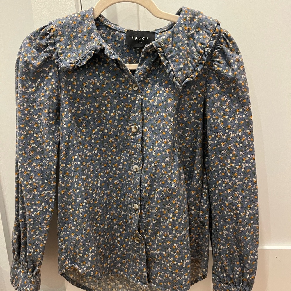 FRNCH Navy Floral Ruffle Collar Shirt